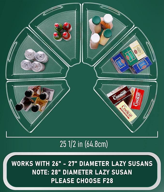 JEISSLIA Lazy Susan Cabinet Organizer Bins for 26"/ 28"/ 32" Diameter Corner Organizer, Plastic Cabinet Storage Bin, 1/8 Wedge - Food Safe, BPA Free, with Non-Slip Pads (for 26" Diameter, 6 Pack)