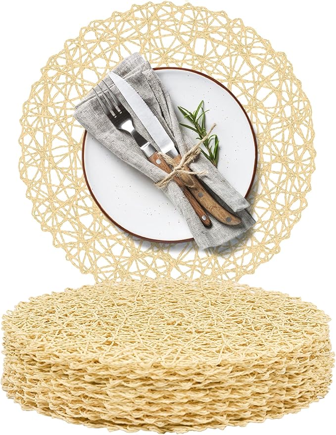 AHHFSMEI Paper Braided Round Placemats Natural Non-Slip Heat Resistant Table Mats for Dining Tables Farmhouse Woven Indoor & Outdoor Place mats for Thanksgiving (12, Beige B)