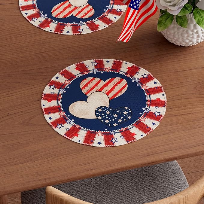 Heart Stripe Stars 4th of July Round Placemats Set of 4 14x14 Inch Patriotic America Memorial Day Independence Day Table Decorations Cloth Table Mats