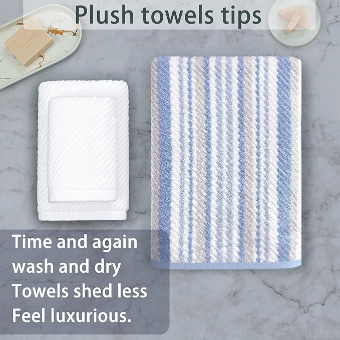 VOOVA & MOVAS Towel Set for Bathroom - 100% Cotton, Quick Dry, Thick, 3 Piece Towel Set, 1 Blue Stripe Large Bath 27"x52",1 White Hand 18"x28",1 White Washcloth 13"x13",Dorm Room Essentials