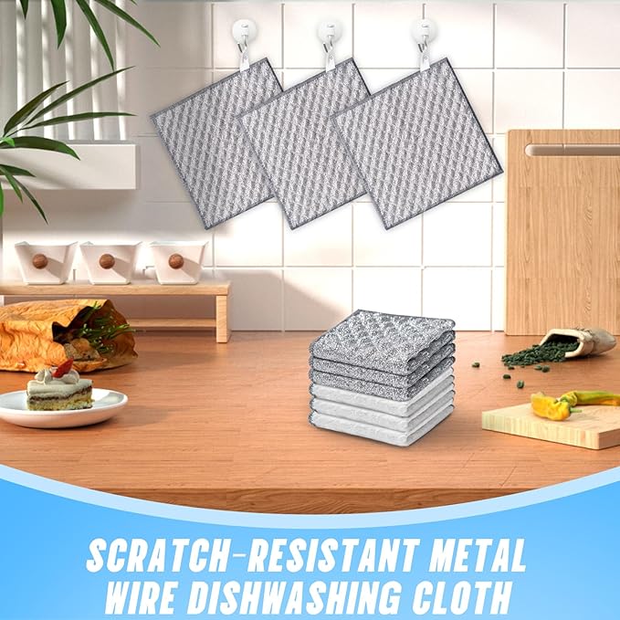 Wangjinpeng 8 PCS Four-Layer Non-Scratch Multipurpose Steel Wire Dishcloths - Reusable Quick-Dry Odor-Free Scrub Cloths for Dishes, Kitchen Cleaning Cloths for Cookware, Sinks, Stove Tops(7.87X7.87)