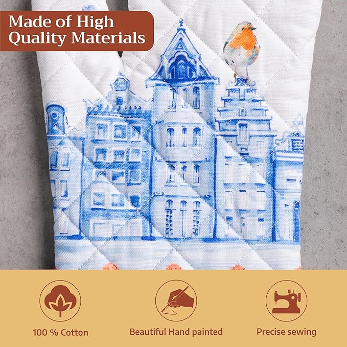 Maison d'Hermine Oven Gloves 100% Cotton Oven Mitt 7" x 13" with Loop Heat Resistant BBQ Cooking Gloves Baking Grilling Gifts for Mothers Day Spring/Summer (Pack of 1, Amsterdam Canals)