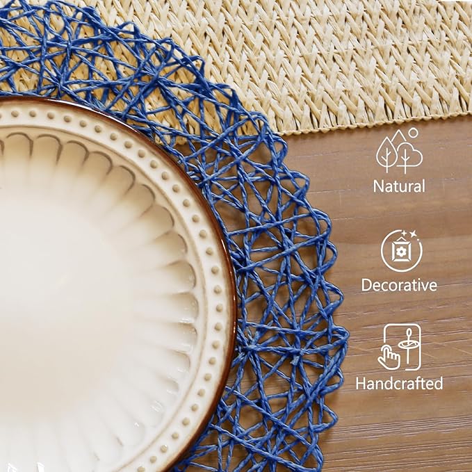 AHHFSMEI Paper Braided Round Placemats Set of 8 Natural Non-Slip Heat Resistant Table Mats for Dining Tables Farmhouse Woven Indoor Outdoor Place mats (Blue,8)