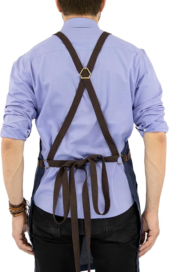 Under NY Sky Essential Blue Denim Apron – Cross-Back with Leather Reinforcement – Adjustable for Men and Women – Pro Chef, Tattoo Artist, Baker, Barista, Bartender, Server Aprons