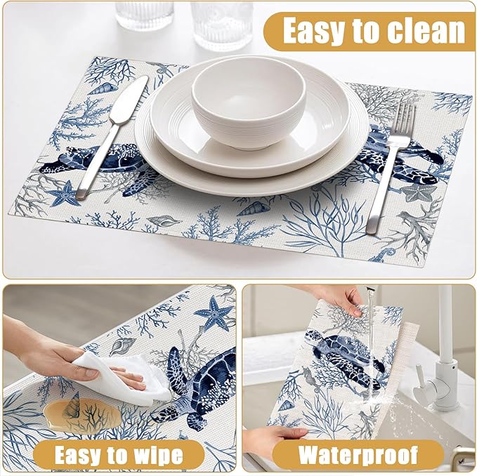 Watercolor Turtle Placemats Set of 6, Nautical Coastal Coral Shell Linen Place Mat Washable Stain Resistant Table Mats for Farmhouse Kitchen Decor 12x18 Inch