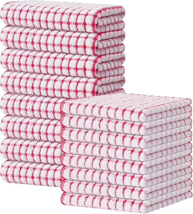 Kitinjoy Cotton 16 Pack Kitchen Towels and Dishcloths Sets, 16 x 25 Inch & 12 X 12 Inch Dish Towels Bulk, Super Soft and Absorbent Hand Towels for Kitchen Drying, Red