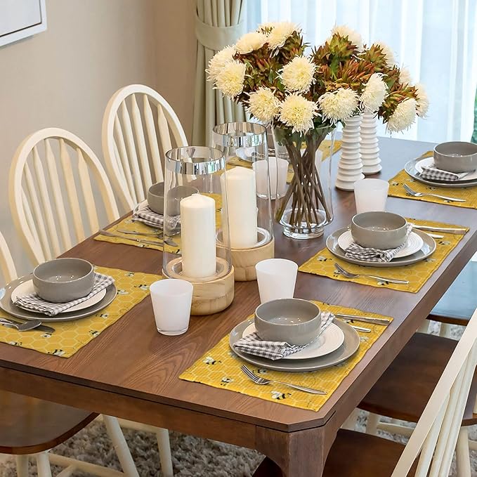 Mustard Yellow Placemats Set of 4 Cute Honey Bee Summer Decor Place Mats 12x18 Inch Honeycomb Seasonal Holiday Decorative Linen Table Mats for Home Kitchen Dining Party Table Decoration