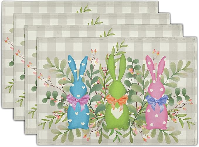 Easter Placemats Set of 4，Bunny Rabbits Green Leaves Table Kitchen Mat 12x18 Inch Floral Spring Decor Holiday Table Mats for Seasonal Party Kitchen Dining Decoration