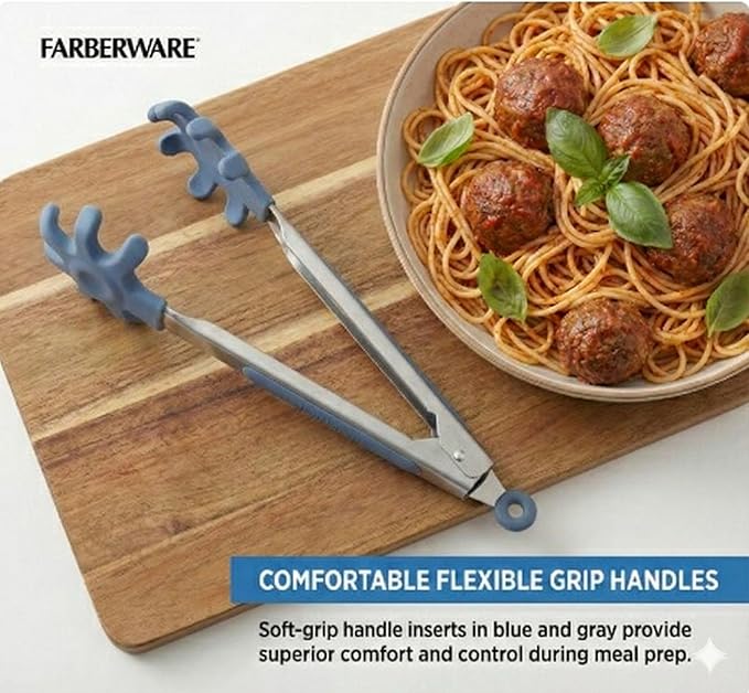 Farberware Silicone Tip Kitchen Tongs Set with Stainless Steel and Flex Grip Handles Mini Tongs for Cooking, Serving, and Entertaining in Blue and Light Green, Dishwasher Safe, 9 Inch, 2 Piece