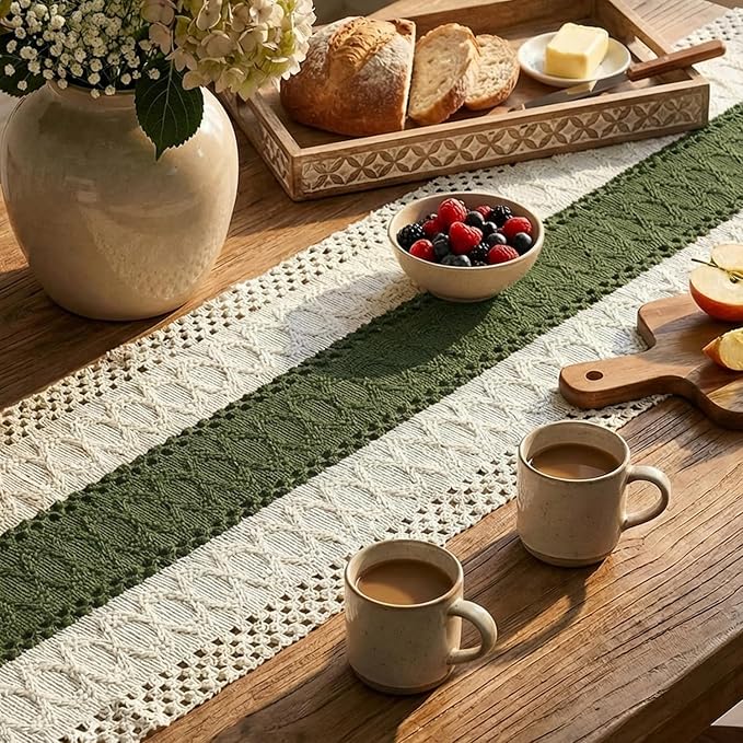 Artoid Mode Army Green Farmhouse Rustic Table Runner, Seasonal Holiday Hollow Kitchen Dining Table Decoration for Home Party Decor 12x48 Inch