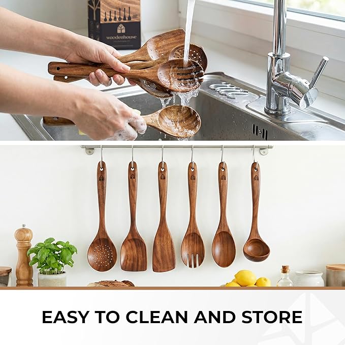 Wooden Spoons for Cooking – 6 Pcs Premium Teak Wooden Utensil Set with Hooks - Durable, Nonstick Safe, Easy to Clean & Heat Resistant with Ergonomic Handles