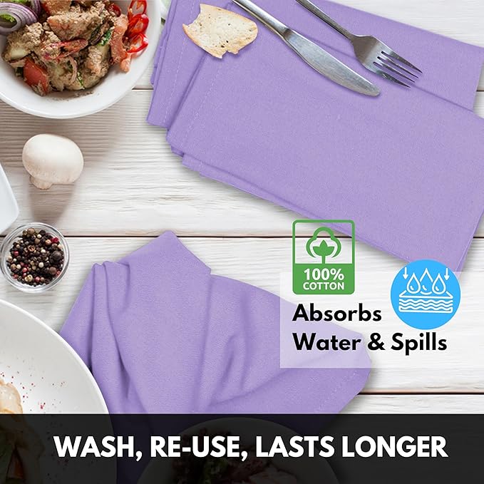 Lavender Cloth Napkins, 12 Pack, 100% Cotton, 17x17 Inches, Premium Quality, Soft Texture, Quick Drying, Great for Spring Holidays, Family Dinners, Baby Showers, Easter - Lavender