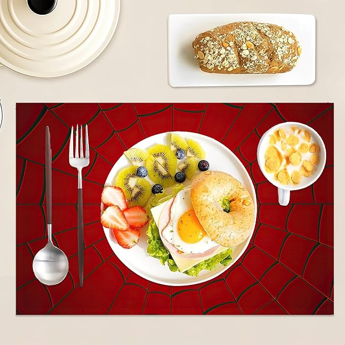 Red Spider Web Placemats Set of 6,12x18 Inch Table Mats for Kitchen Table Washable Farmhouse Linen Table Mats Dining Decoration