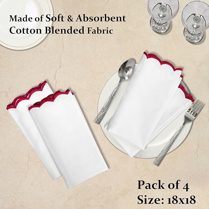 Ridhi Cloth Napkins 100% Pure Cotton Farmhouse Wedding Dinner Napkins Gift for Spring, Easter, Valentine, Holiday, Everyday Napkin (4-18" x 18" White with Red Edge)