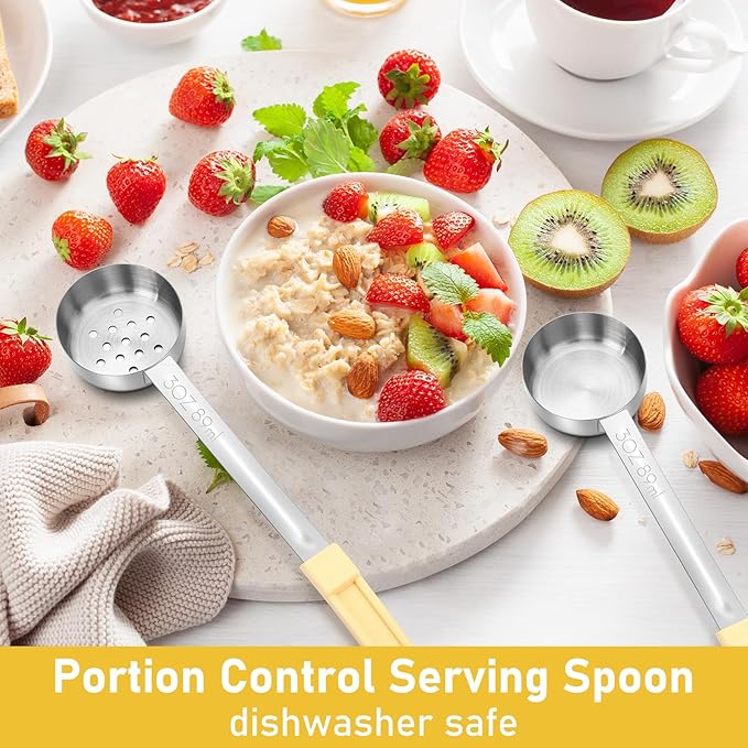 Teenyyou 8 Pcs Portion Control Serving Spoons Portion Scoops Cups Solid and Slotted Stainless Steel Ladle Spoon for Food, Serving Utensils Set for Parties (Beige,3 oz)