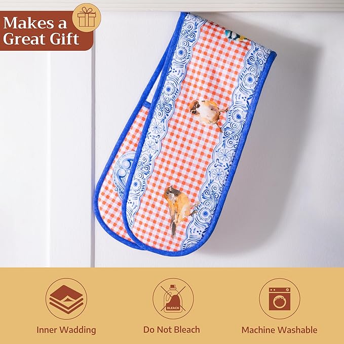 Maison d' Hermine Double Oven Mitts 100% Cotton 7"x35" Double Oven Mitt Heat Resistant BBQ Cooking Gloves with Loop Baking Grilling Gifts for Mothers Day Spring Summer (Amsterdam Canals)