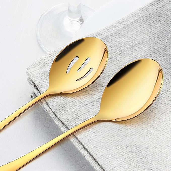 LIANYU 6 Pack Gold Serving Spoons Set, Large Slotted Spoons, Stainless Steel Buffet Dinner Restaurant Golden Serving Utensils, Catering Set for Party Banquet, 9.8 Inch