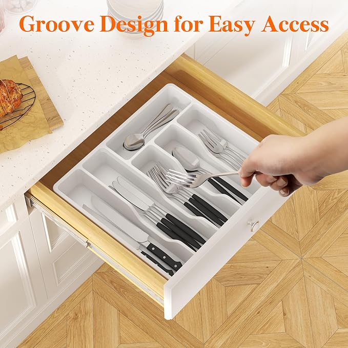 Lifewit Silverware Organizer with Lid, Covered Utensil Tray for Kitchen Drawer and Countertop, Plastic Cutlery and Flatware Storage Box for Spoons Forks Knives Holder Case, 12.6x11.8", White