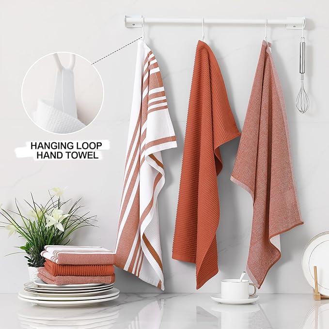 Homaxy Premium Kitchen Towels(18”x 28”, 6 Pack), Large Cotton 380 GSM Kitchen Hand Towels, Soft and Absorbent Terry Dish Towels, Multipurpose Tea Towel Set with Hanging Loop, Rust