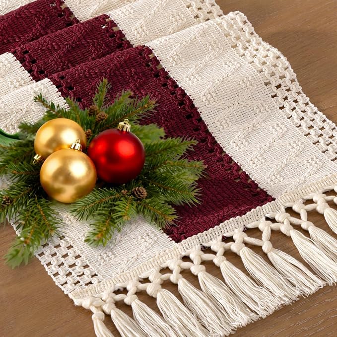 Socomi Boho Table Runner Macrame Long Easter Spring Farmhouse Woven Cotton Linen Rustic Coffee Table Runner with Tassels for Dresser Scarf Home Decor Dining Room 12x108 in Burgundy Ivory