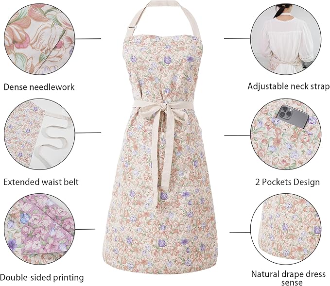 Aoomzoon Kitchen Aprons for Women with 2 Pockets,Double Sided Vintage Adjustable Apron for Gardening Cooking Arting Painting
