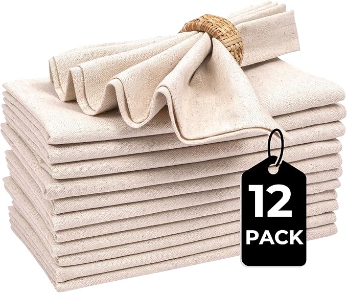 Linen Flax Cotton Cloth Dinner Napkins Set of 12 – 18x18 Natural Hemstitched Reusable Fabric Napkins for Weddings, Parties, Dinners & Table Décor – Elegant & Durable HOMIDATE