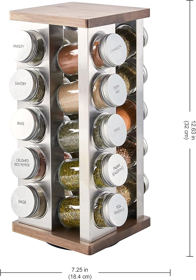 Kamenstein 20 Jar Vintage Spice Rack with Spices Included, Revolving Countertop Spice Organizer with Glass Jars, Labeled Caps, Removable Sifter Discs, and Free Refills for 5 Years