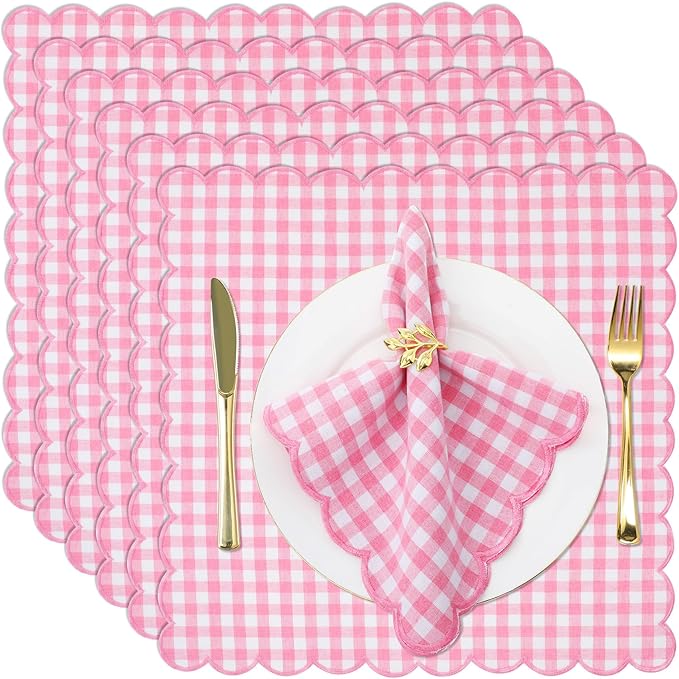 SmoothNovelty 12 Pack Buffalo Plaid Cloth Napkins 18x18 Inch Spring Checkered Cloth Napkins Scalloped Soft Cotton Table Mat Washable Reusable for Dinner Wedding Birthday Parties (Classic,Pink)