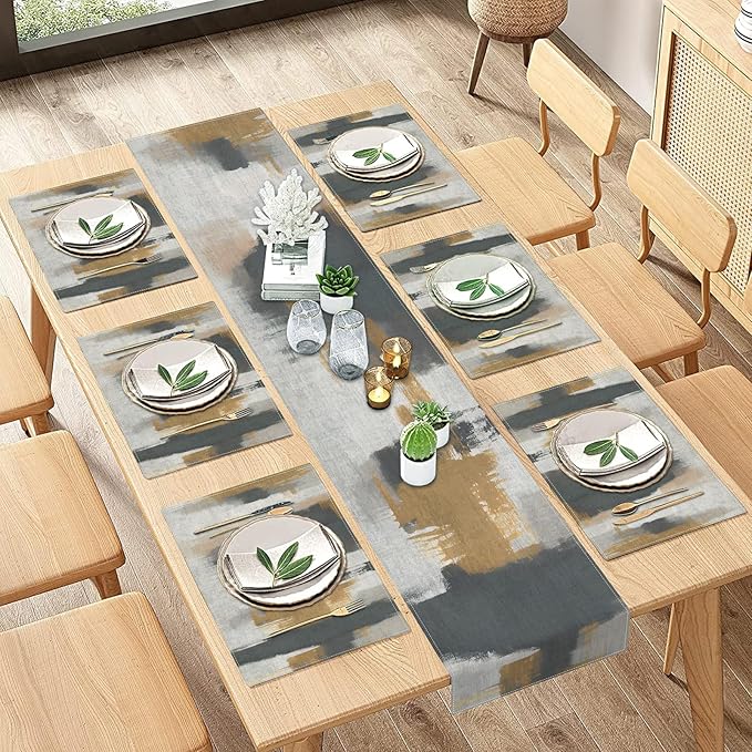 Emvency Vintage Grey Table Runner and Placemats Set of 6, Abstract Dark Gray Brown Decorations for Indoor Outdoor Dining Decor(1 Table Runner 72 inches Long and 6 Placemats)