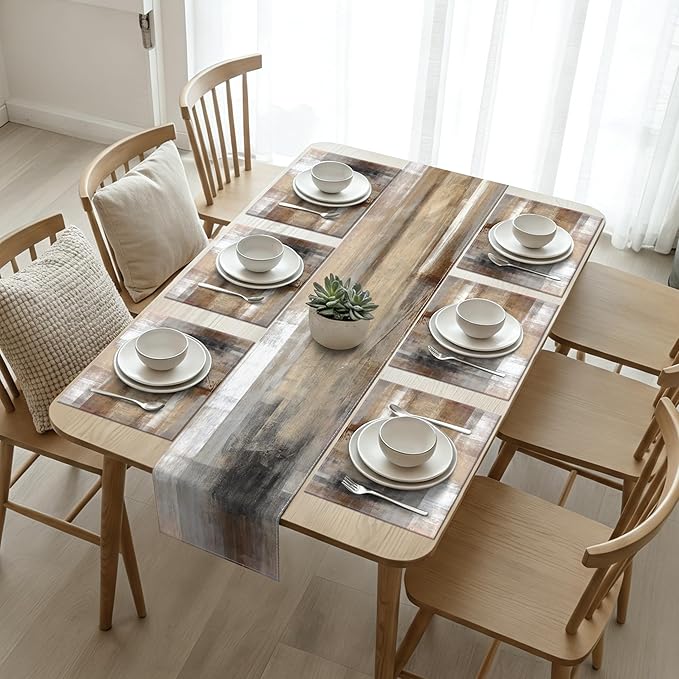 Brown and Gray Table Runner and Placemats Set of 6 Farmhouse Washable Linen Place Mats Rustic Abstract Art Table Decor for Kitchen Dining Coffee Outdoor Party (Brown and Gray, 13"x71"+12"x18")