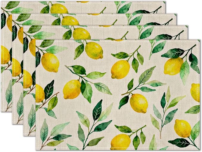HOMETITUTE Linen Placemats Set of 4 12x18 inch Spring Table Mats for Dining Table Lemon Pattern Farmhouse Decorations Kitchen Decor Desk Mat for Outdoor Home Party Kitchen Seasonal Dining Decor