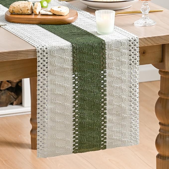 Artoid Mode Army Green Farmhouse Rustic Table Runner, Seasonal Holiday Hollow Kitchen Dining Table Decoration for Home Party Decor 12x108 Inch
