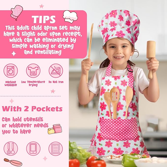 R HORSE Kid Apron and Chef Hat Set - 2Pcs Adjustable Children Pink Flower Kitchen Toddler Apron for Girls, Role Play Chef Toy Cooking Baking Painting and Training Kits Kid Funny Cooking Birthday Gift