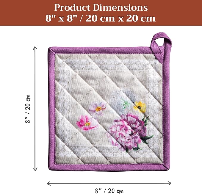 Maison d' Hermine Pot Holders 100% Cotton Heat Resistant Potholders 8" x 8" Hot Pads with Loop BBQ Cooking Baking Gifts for Mothers Day Handling Hot Pans Spring/Summer (Pack of 2, Pivoine)