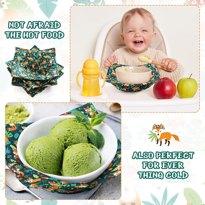 Cunhill 4 Pcs Cotton Microwave Bowl Cozy Holders for Hot Food Hot Pads Soup Bowl Potholders Heat Resistant Multipurpose Quilted Safe Holders for Kitchen Plate Supply(Dark Green,Fox Style)