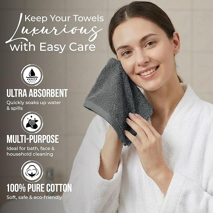 RIVERSIDE Pack of 60 Wash Cloths for Showering, 12 x 12 Inches, Super Soft & Absorbent, 100% Cotton Washcloths Premium Quality Flannel Face Cloths for Bathroom, Gym, Spa (Gray, 60 Pack)