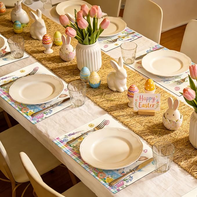 comfoyar Easter Bunny Egg Placemats Set of 4, 12x18 Inch Non-Slip Linen Flower Chick Place Mats, Washable Absorbent Table Mats for Kitchen Dining Party Table Decoration