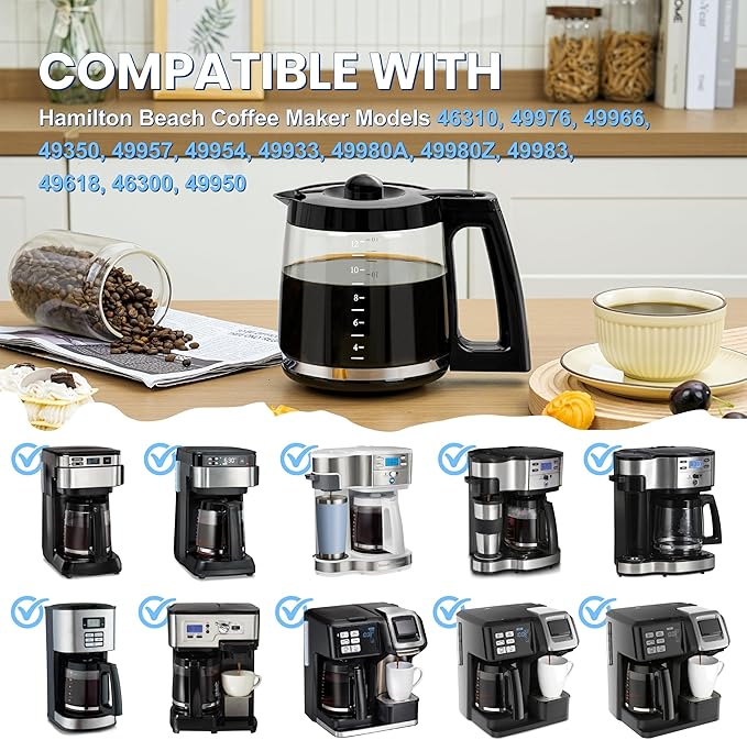 12-Cup Glass Carafe Replacement Pot, Compatible with Hamilton Beach Coffee Maker Models 46310, 49976, 49966, 49350, 49957, 49954, 49933, 49980A, 49980Z, 49983, 49618, 46300, and 49950.