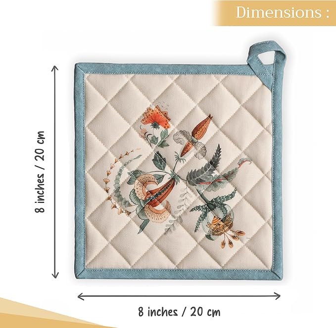 Maison d' Hermine Pot Holders Set 100% Cotton Heat Resistant Potholders 8" x 8" Hot Pads with Loop for Thanksgiving Christmas Decorations BBQ Cooking Baking Handling Hot Pans (Pack of 2, Dalida)