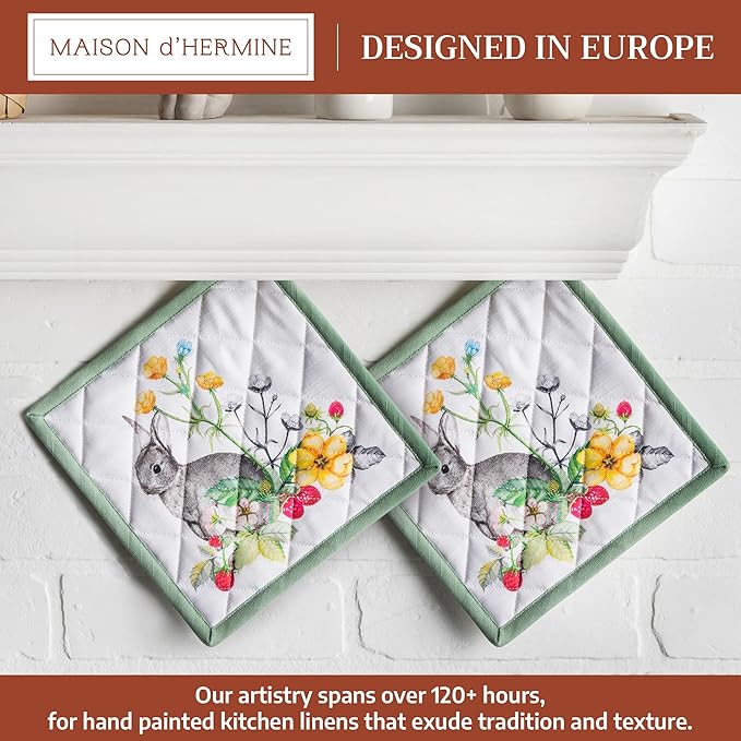 Maison d' Hermine Pot Holders 100% Cotton Heat Resistant Potholders 8" x 8" Hot Pads with Loop BBQ Cooking Baking Gifts for Mothers Day Handling Hot Pans Spring/Summer (Pack of 2, Printemps)