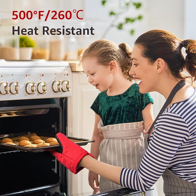 Puppet Mini Oven Mitts Red Cotton Silicone Non-Slip Short Sleeve Soft, Oven Gloves for Women Mum Hot 500℉ Heat Resistant Hand Safe Microwave Air Fryer Kitchen Chef Cooking Baking Cookie Mitt Pair