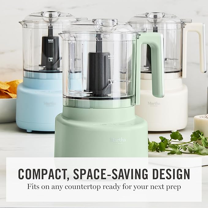 Martha Stewart 3 Cup Food Processor, Electric Vegetable Chopper, Stainless Steel Blades, 24oz BPA-Free Bowl, Pour Spout, Dicing, Mincing, Chop & Puree, Dishwasher Safe, Oil Chute, Easy-Clean, Linen