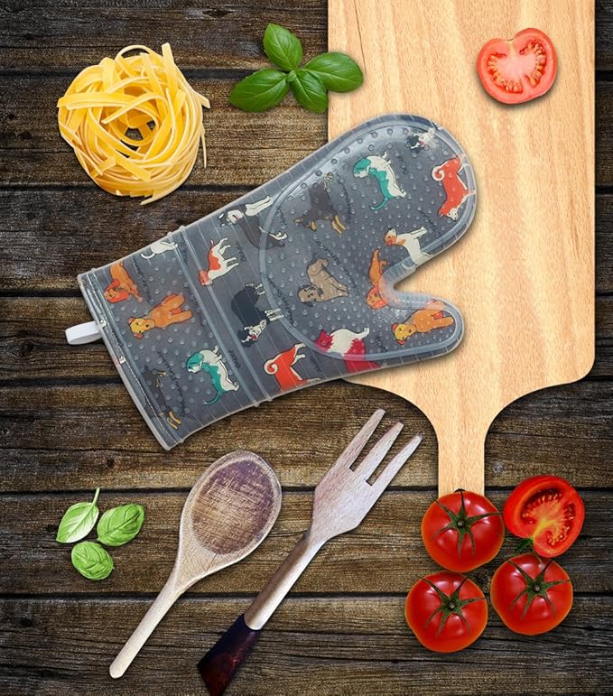 Oven Mitts Set of 2 with Transparent Clear Silicone Shell and Nice Dog Printing Cotton Lining, Heat Resistant to 500 F Kitchen Oven Gloves Pot Holder for Cooking (Gray)