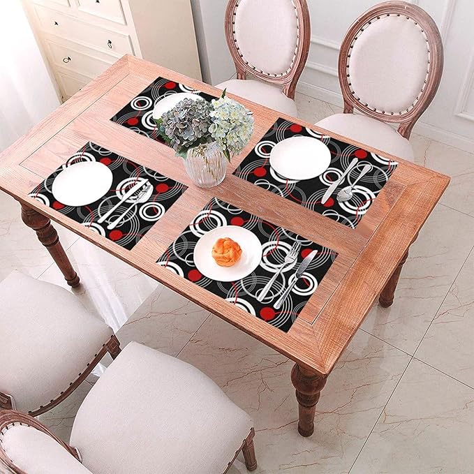 Black Red Placemats Set of 4, Geometric Linen Dining Table Mat, Washable Heat Resistant Place Mats for Kitchen Dining Holiday Party Home Decor