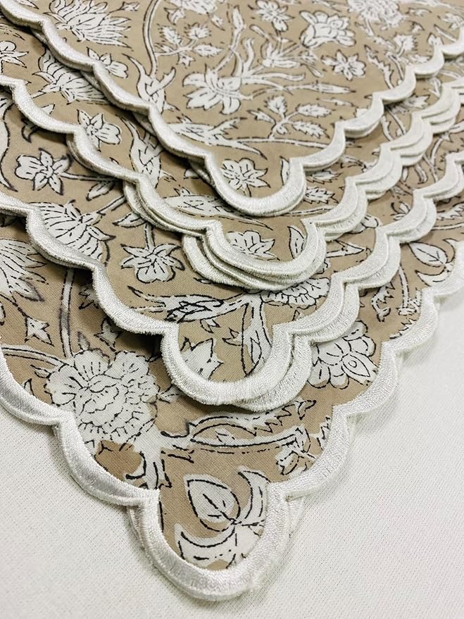 Ridhi Hand Block Print Taupe 18" x 18" (Set of 4) Embroidery Table Napkins Reusable Cotton Dinner Napkins for Weddings, Parties, Everyday Dining Gift for Spring, Easter, Valentine