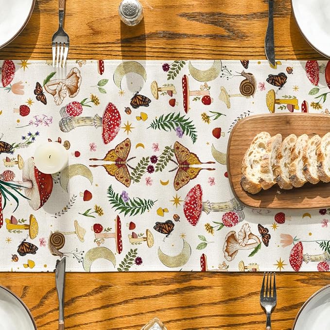 Artoid Mode Beige Modern Mushroom Table Runner, Seasonal Botanic Farmhouse Kitchen Dining Table Decoration for Home Party Decor 13x36 Inch