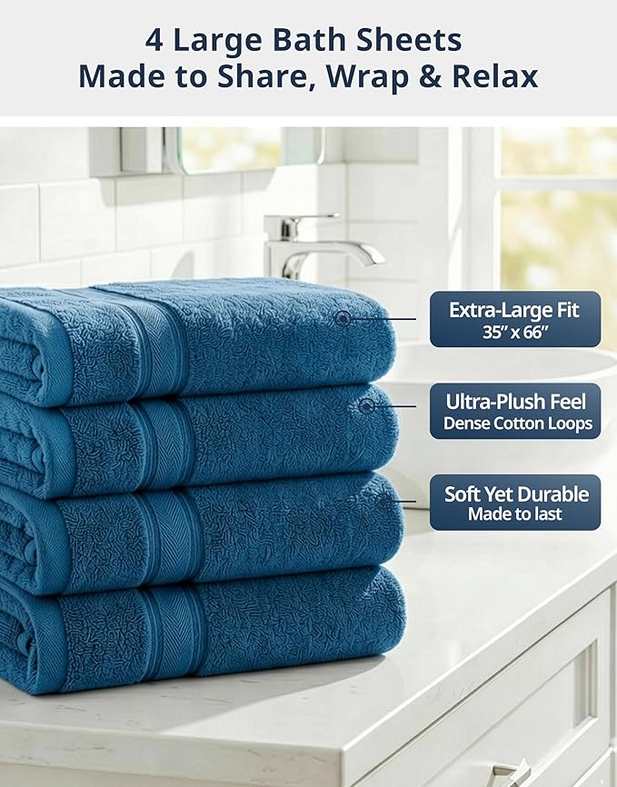 LANE LINEN Oversized Bath Towels - Zero Twist - Resists Pilling & Shedding - 4 Pack (35"x66") Extra Large Towel Sets - Soft, Fade Resistant & Quick Dry - Pre Shrunk to maintain perfect size - Sea Port