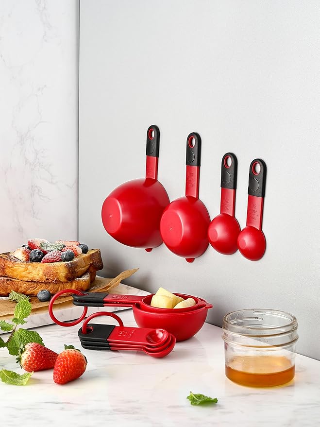Spring Chef Red Magnetic Measuring Cups and Spoons Set of 9, Stackable Plastic Kitchen Gadget with Easy to Read Markings - Measure Dry or Liquid Ingredients for Baking & Cooking, BPA Free