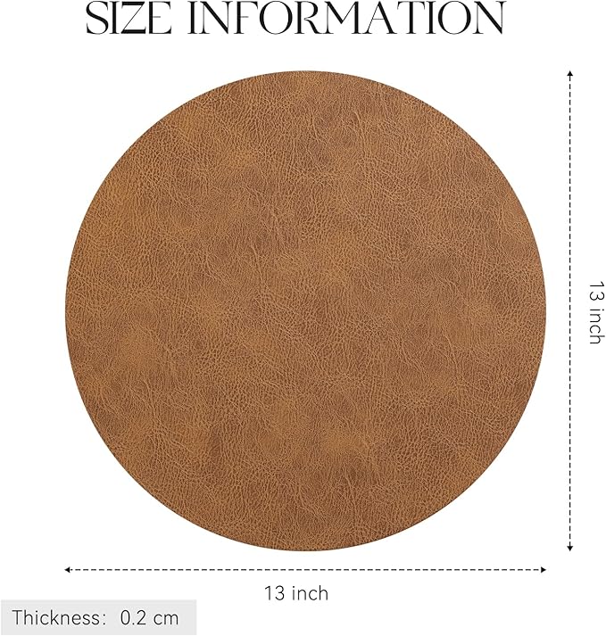 MOSAYT 13 Inch Round Vinyl Placemats Set of 8 - Faux Leather 100% Waterproof Oil-Proof Wipeable PU Place Mats, Heat Resistant Reversible Table Mats for Kitchen, Dining, Outdoor (Reddish Brown)