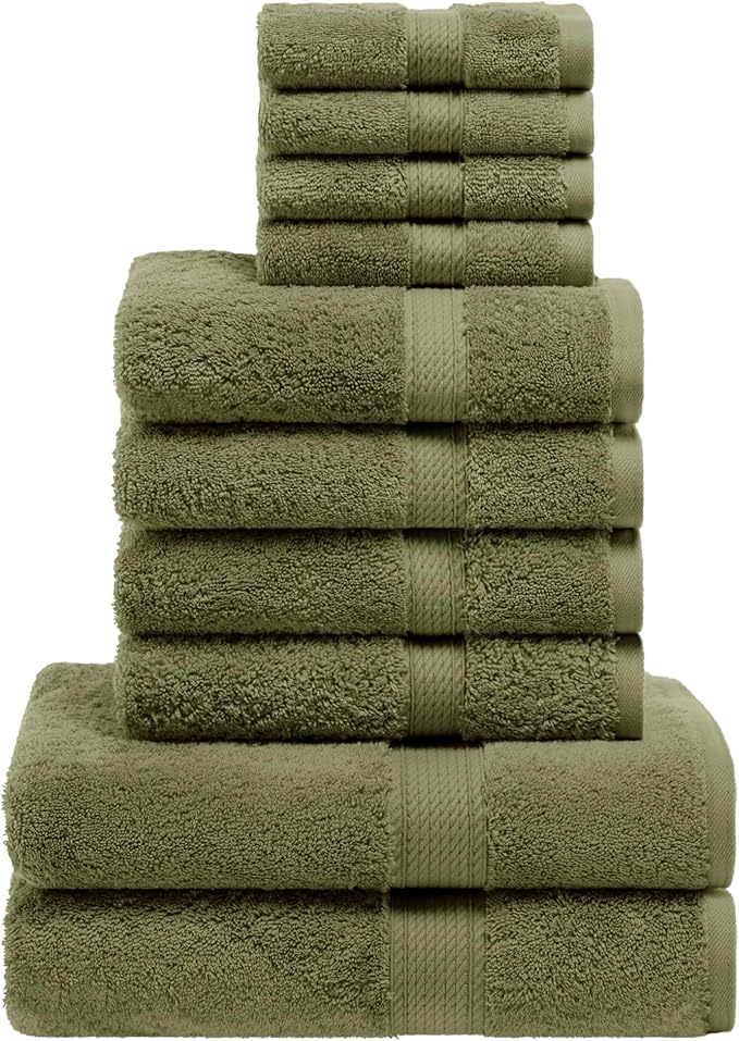 Superior Egyptian Cotton Pile 10 Piece Towel Set, Includes 2 Bath, 4 Hand, 4 Face Towels/ Washcloths, Ultra Soft Luxury Towels, Thick Plush Essentials, Guest Bath, Spa, Hotel Bathroom, Forest Green